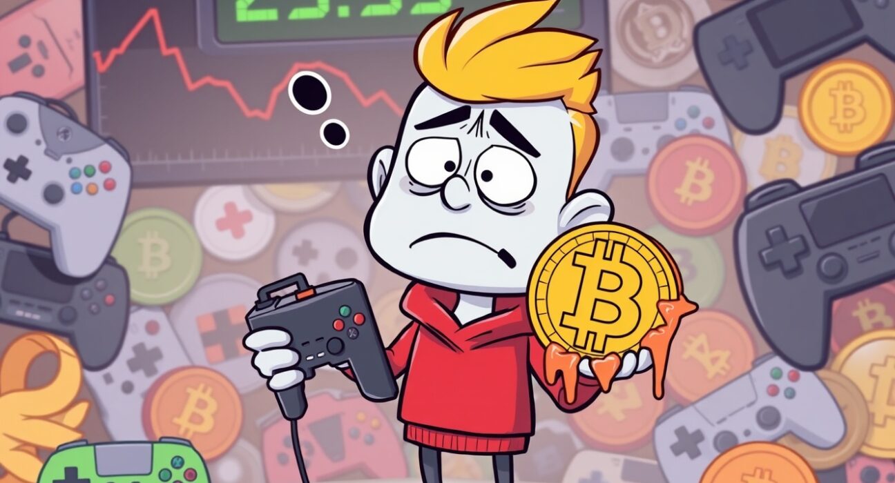 Cartoon illustration showing GameStop's Bitcoin investment loss with confused gaming character and melting cryptocurrency coin