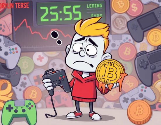 Cartoon illustration showing GameStop's Bitcoin investment loss with confused gaming character and melting cryptocurrency coin