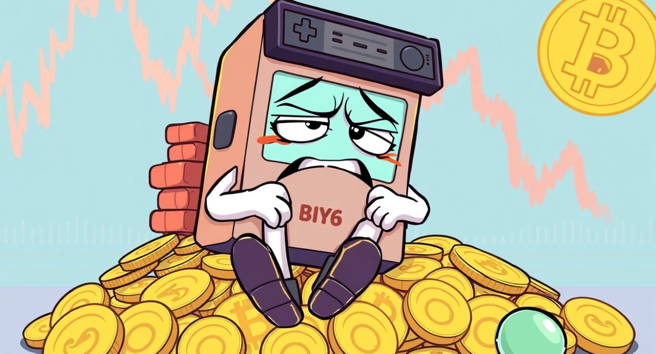 Cartoon illustrating GameStop's stunning Bitcoin loss as deflating digital currency coins.