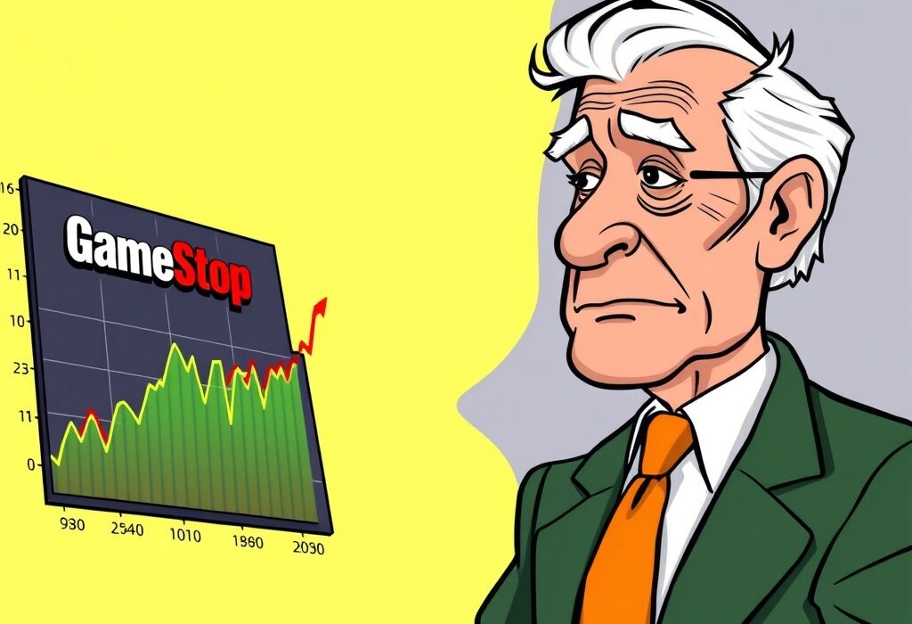 Cartoon showing GameStop and Bitcoin charts moving similarly, highlighting GameStop Bitcoin volatility decline observed by an expert.