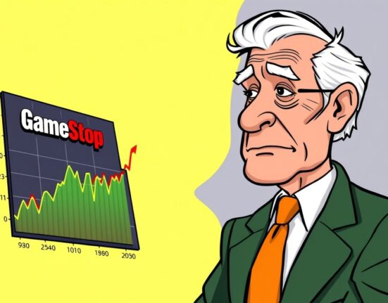 Cartoon showing GameStop and Bitcoin charts moving similarly, highlighting GameStop Bitcoin volatility decline observed by an expert.