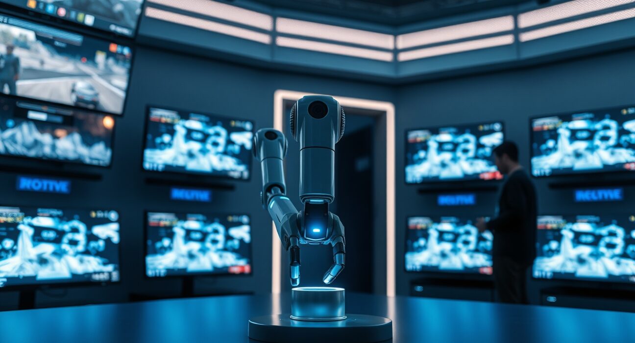 Robotic arm in a gaming-focused AI lab, representing training on virtual world data for physical intelligence.