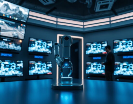 Robotic arm in a gaming-focused AI lab, representing training on virtual world data for physical intelligence.