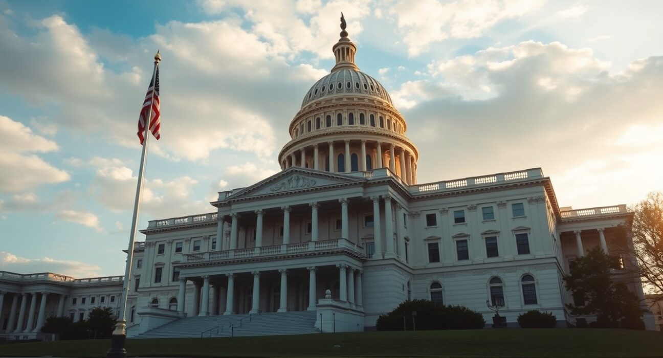 US Capitol building during late afternoon, symbolizing legislative action on crypto and gambling regulation.