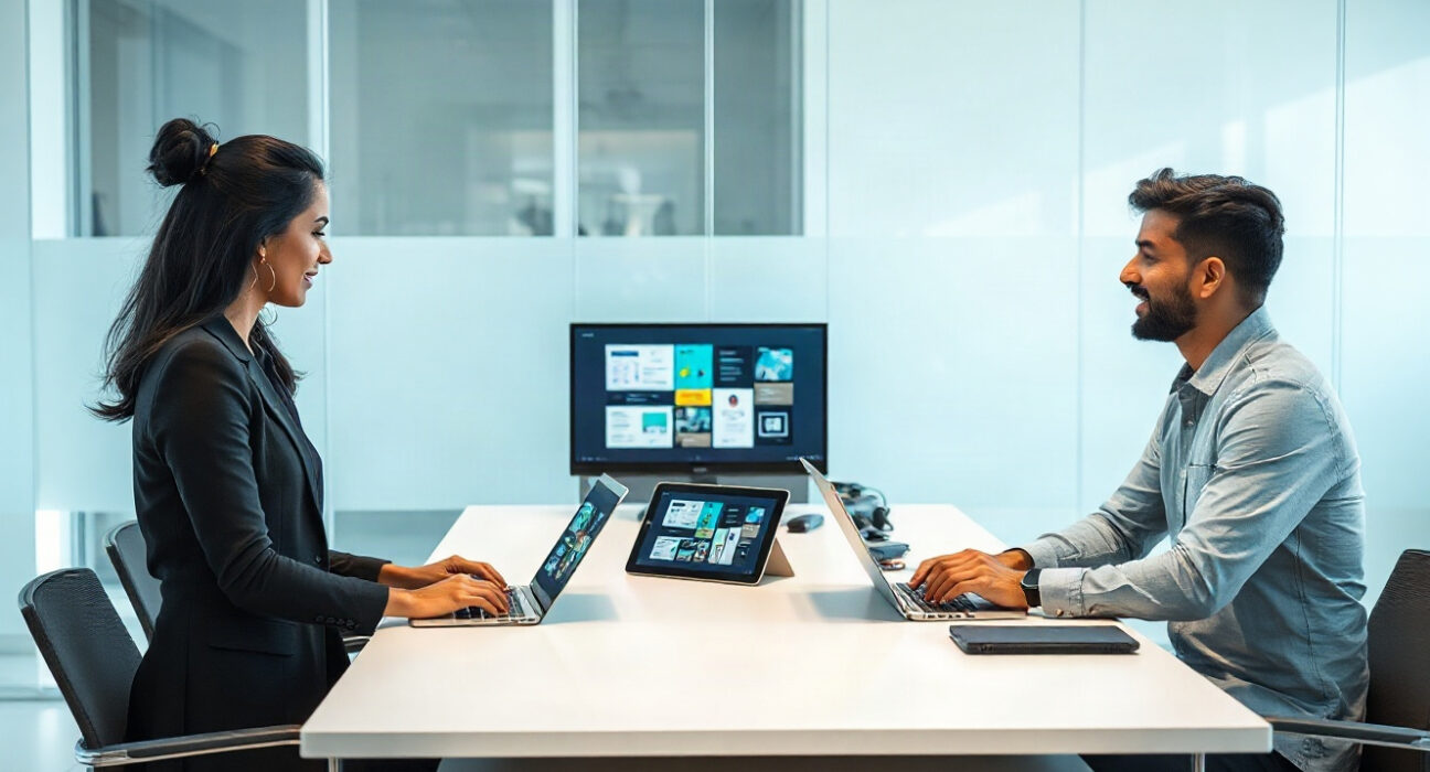 Gamma and Lica team members collaborating in a modern office on presentation design software.