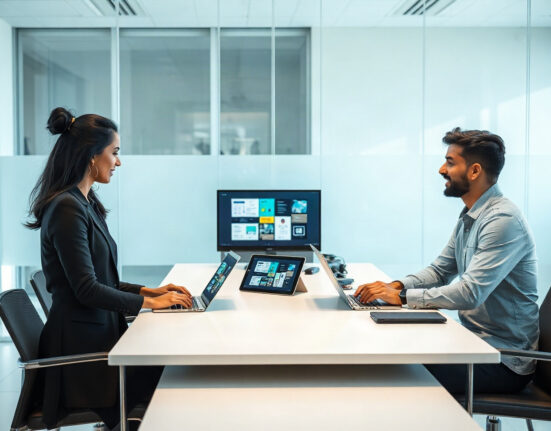 Gamma and Lica team members collaborating in a modern office on presentation design software.