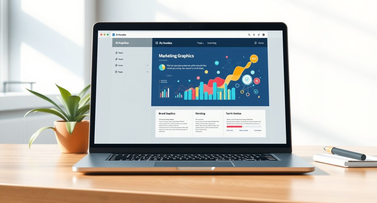Gamma AI image generation tool creating marketing infographics and visual assets on a laptop screen.