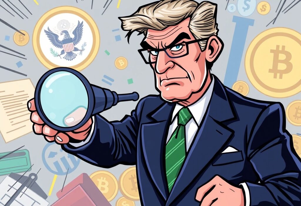 Cartoon illustration of a stern official imposing U.S. Treasury sanctions on Garantex, a Russian crypto exchange, symbolizing regulatory action.
