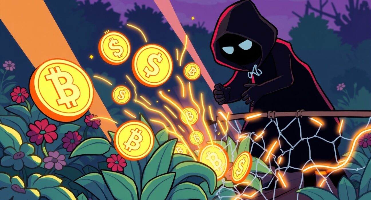 Cartoon illustration of a digital garden experiencing a Garden Finance hack, showing crypto assets being stolen, emphasizing the security breach.