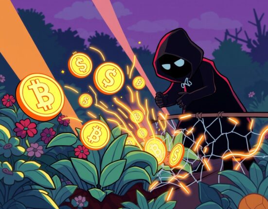 Cartoon illustration of a digital garden experiencing a Garden Finance hack, showing crypto assets being stolen, emphasizing the security breach.