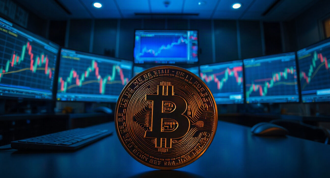 Bitcoin coin on a trading desk with monitors showing charts, representing leveraged crypto positions