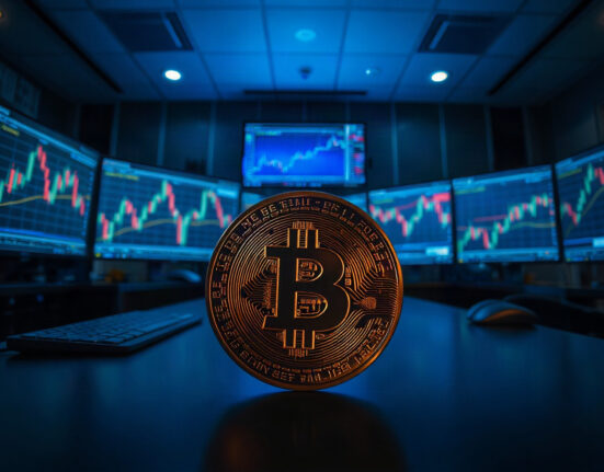 Bitcoin coin on a trading desk with monitors showing charts, representing leveraged crypto positions