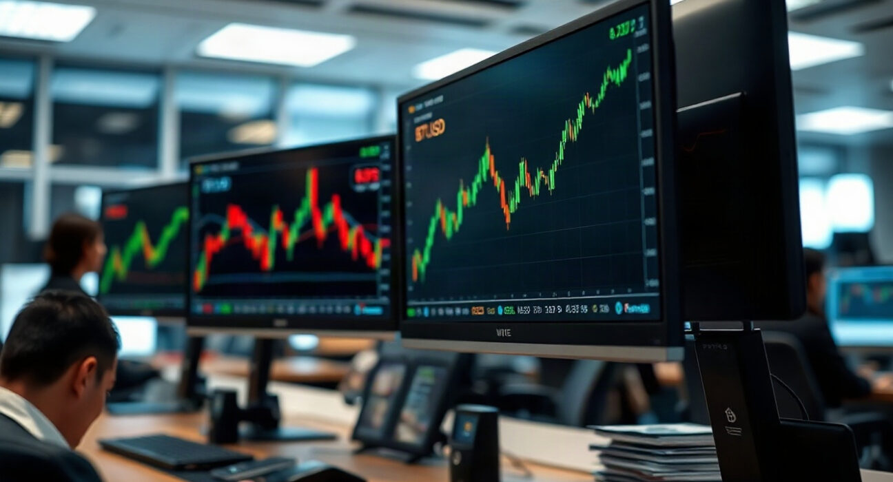 Trading desk with Bitcoin price charts showing upward trend, representing leveraged crypto trading.