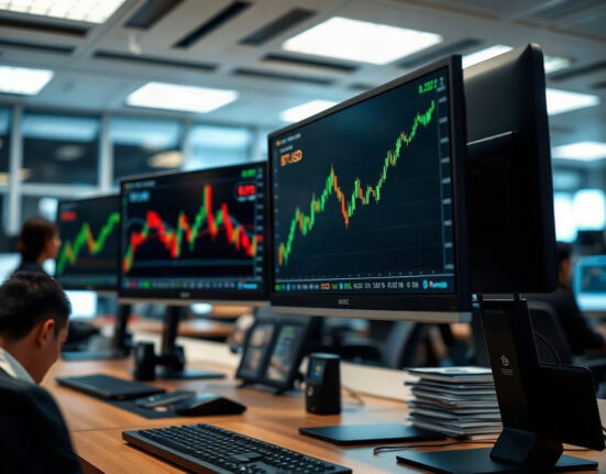 Trading desk with Bitcoin price charts showing upward trend, representing leveraged crypto trading.