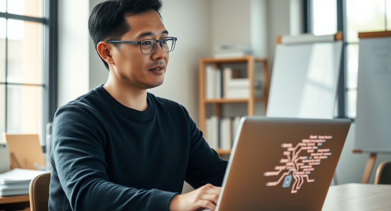 Y Combinator CEO Garry Tan reviews AI-generated code on his laptop, representing his viral Claude Code setup.