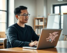 Y Combinator CEO Garry Tan reviews AI-generated code on his laptop, representing his viral Claude Code setup.