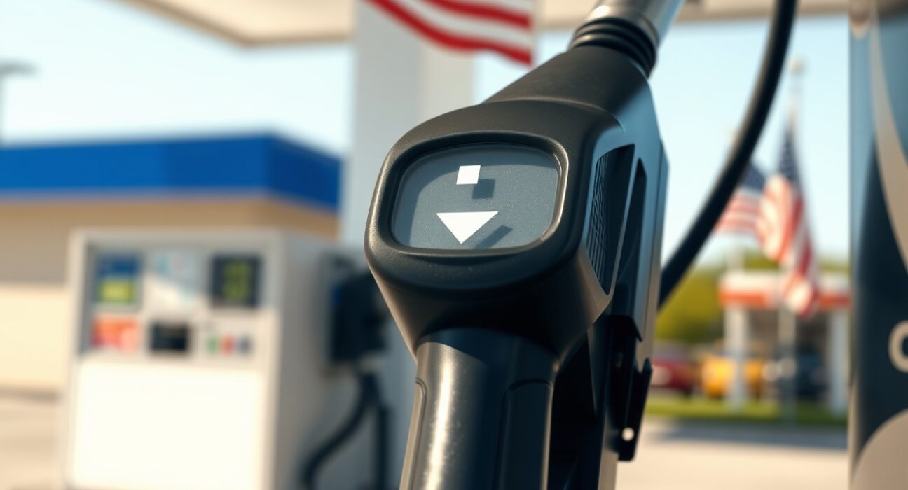 Gasoline pump with falling price display representing Trump's claim about gasoline prices after Iran war ends