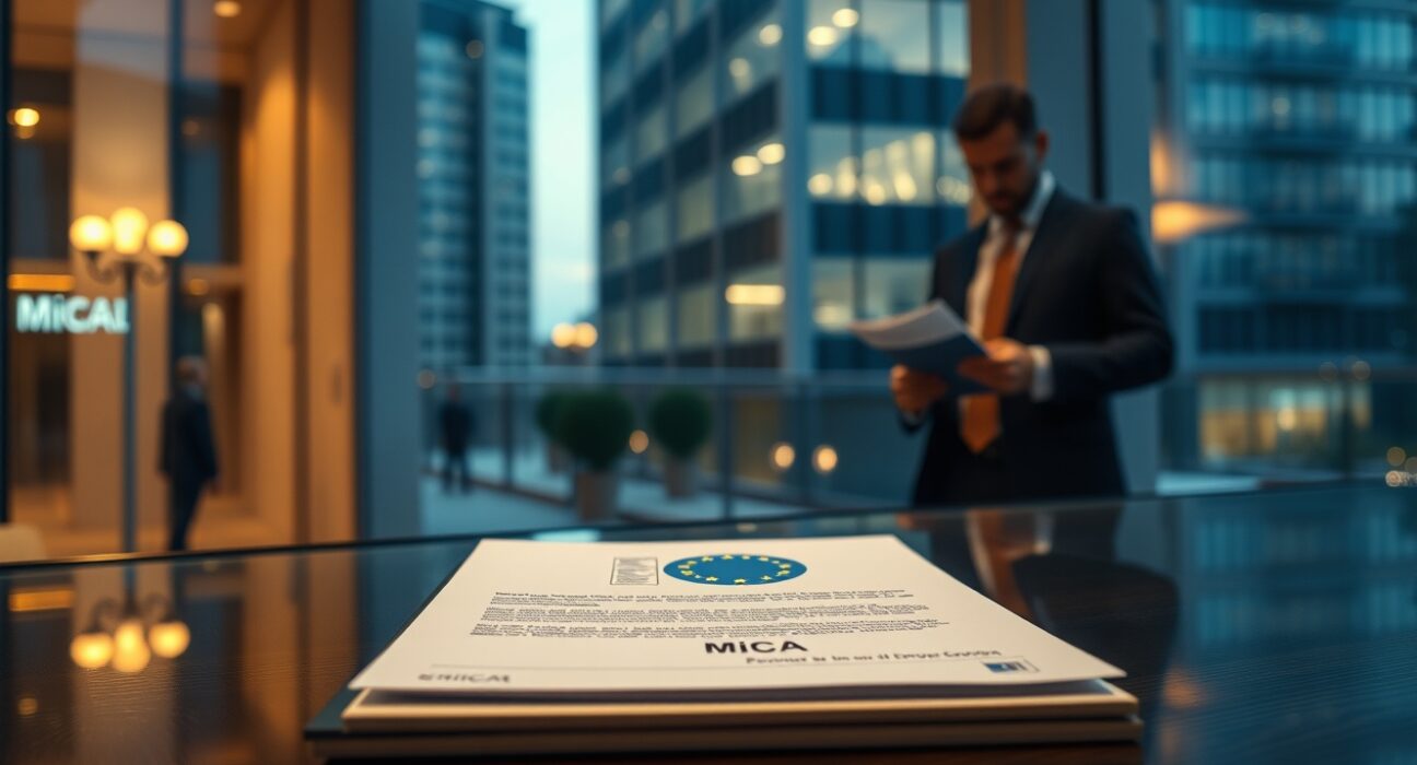 European Union MiCA document on a glass desk in a modern office with a blurred executive in background