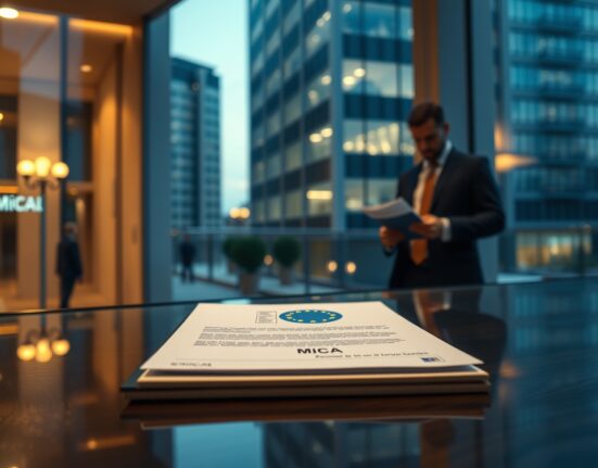 European Union MiCA document on a glass desk in a modern office with a blurred executive in background
