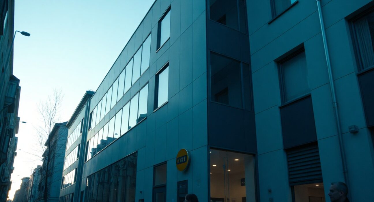 Modern European office building with subtle digital network overlay representing crypto regulation compliance