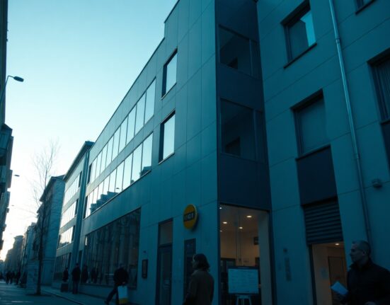 Modern European office building with subtle digital network overlay representing crypto regulation compliance