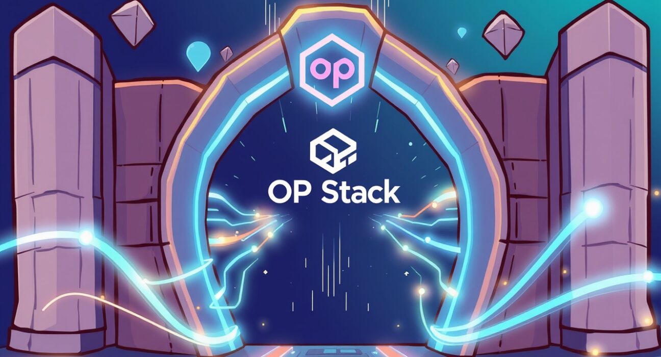 A cartoon illustration showing fast, efficient transactions on the new Gate Layer 2 network, powered by OP Stack, symbolizing scalability.