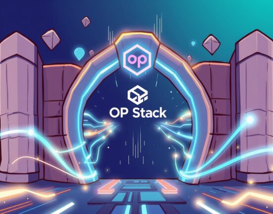 A cartoon illustration showing fast, efficient transactions on the new Gate Layer 2 network, powered by OP Stack, symbolizing scalability.