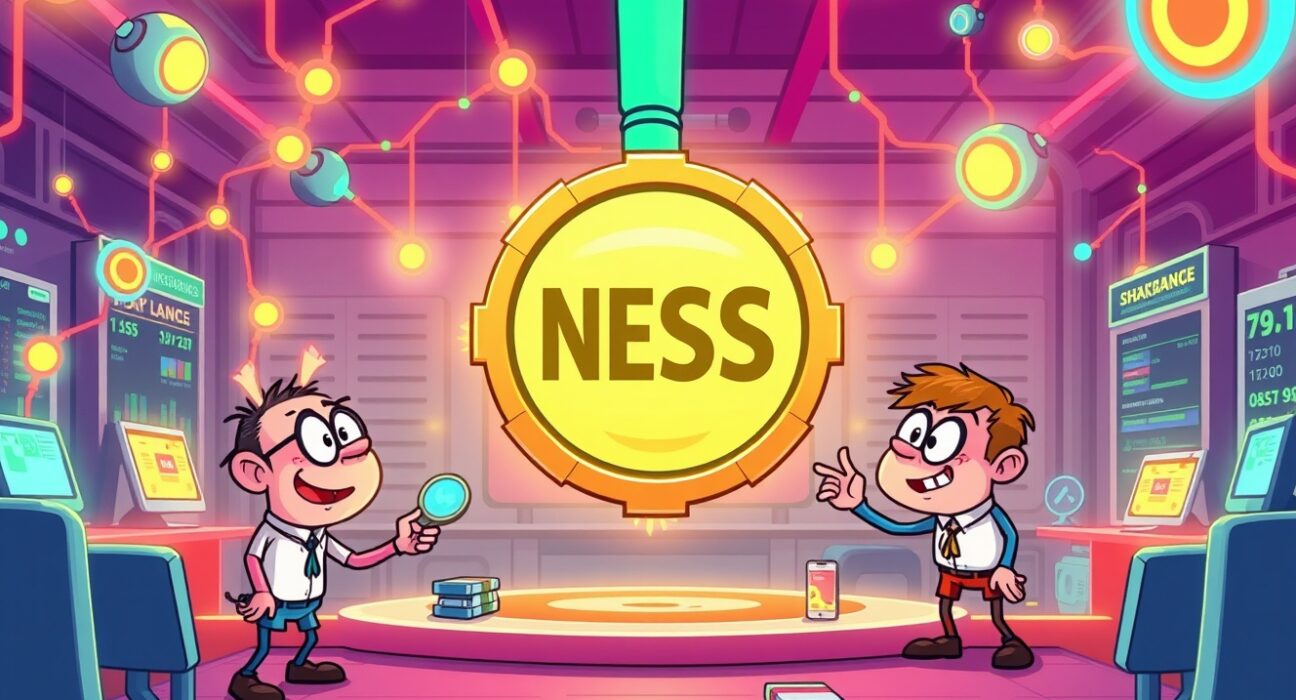 Vibrant cartoon of the Ness Lab NESS token launching on a cryptocurrency exchange platform.