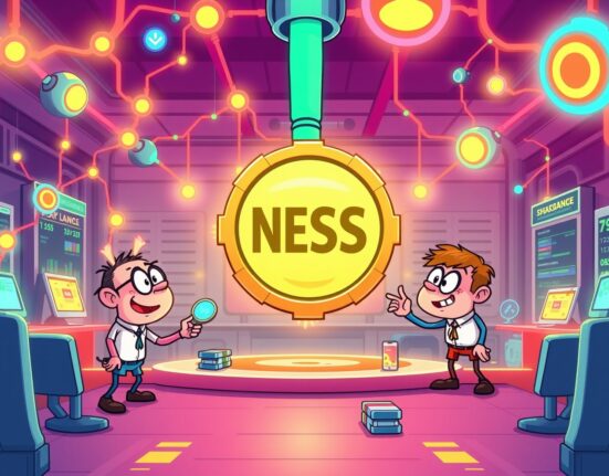 Vibrant cartoon of the Ness Lab NESS token launching on a cryptocurrency exchange platform.