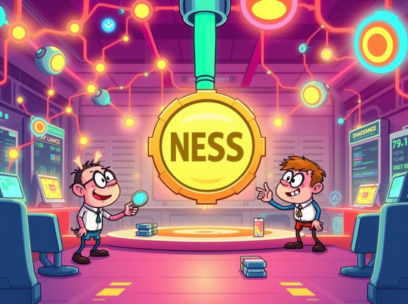 Vibrant cartoon of the Ness Lab NESS token launching on a cryptocurrency exchange platform.