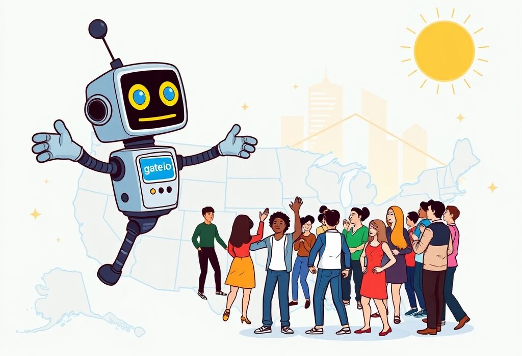 Cartoon illustration of a large robot welcoming users to the Gate US crypto market amidst a positive regulatory environment.