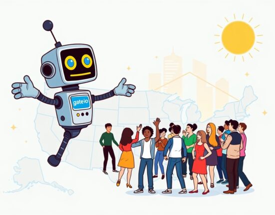 Cartoon illustration of a large robot welcoming users to the Gate US crypto market amidst a positive regulatory environment.
