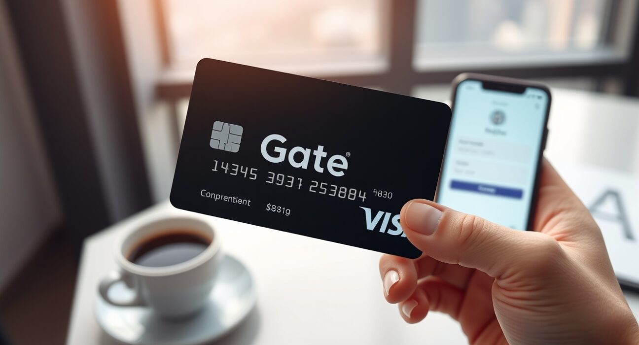 Gate Card stablecoin payment card held by a hand in a professional office setting