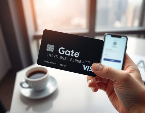 Gate Card stablecoin payment card held by a hand in a professional office setting