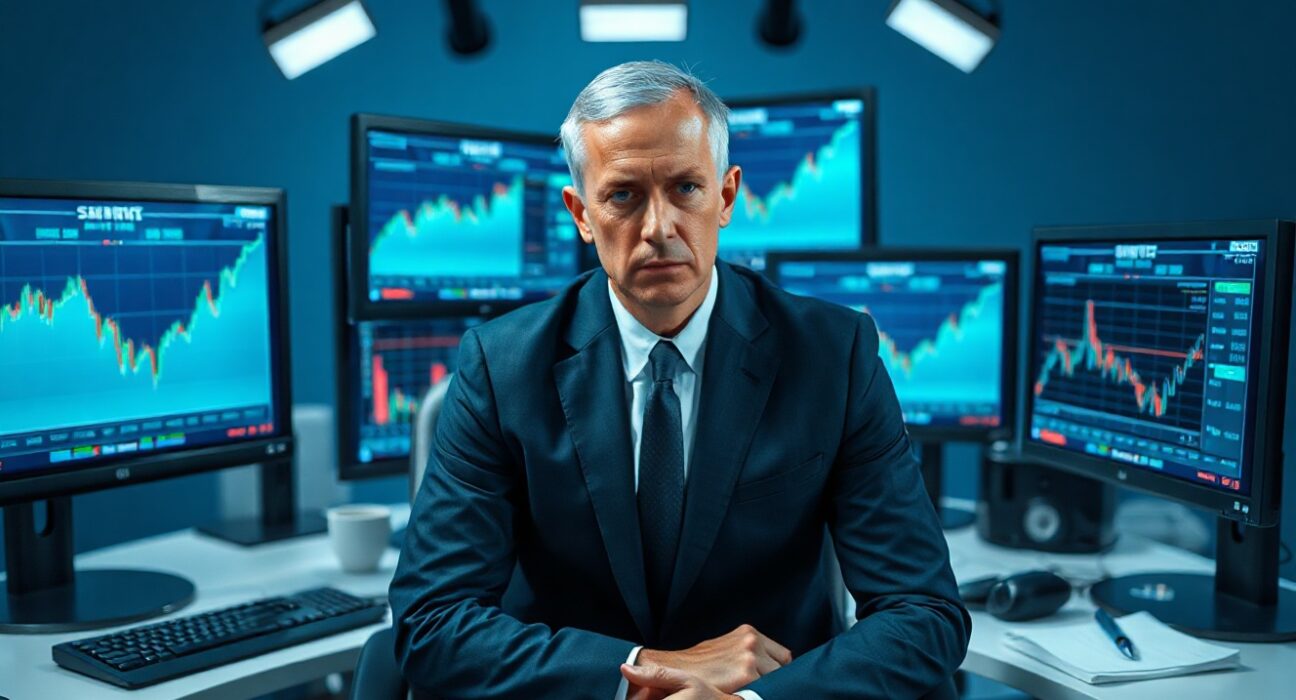 Financial journalist monitoring cryptocurrency exchange security alerts on multiple screens in a newsroom