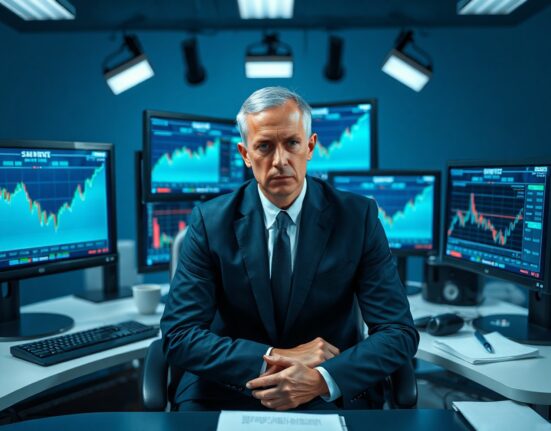 Financial journalist monitoring cryptocurrency exchange security alerts on multiple screens in a newsroom