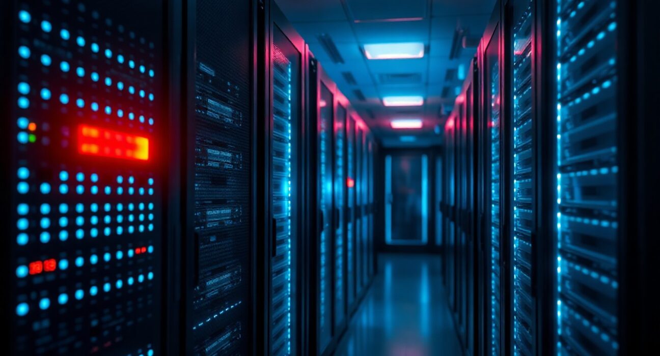 Data center server rack with red warning light indicating a security incident