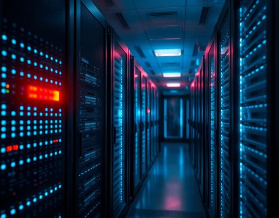 Data center server rack with red warning light indicating a security incident