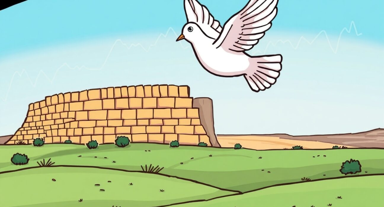 A cartoon dove of peace flying over a peaceful Middle Eastern landscape, symbolizing the Gaza ceasefire holding and bringing stability.