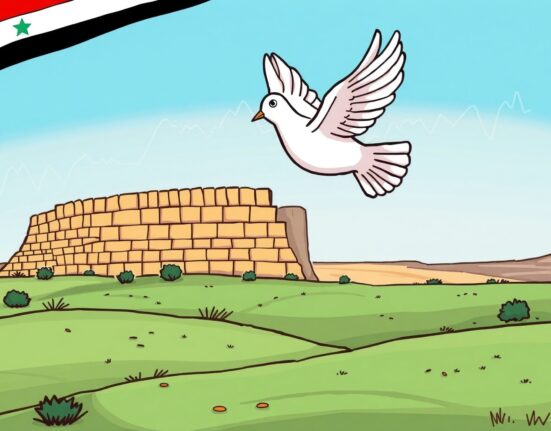 A cartoon dove of peace flying over a peaceful Middle Eastern landscape, symbolizing the Gaza ceasefire holding and bringing stability.