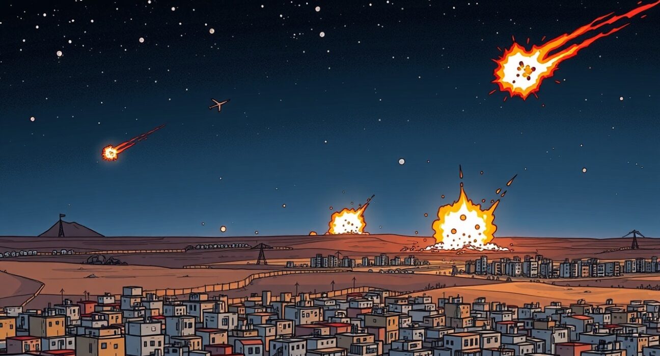Cartoon illustration of Gaza Strip airstrikes showing an urgent escalation of conflict.