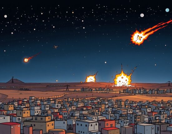 Cartoon illustration of Gaza Strip airstrikes showing an urgent escalation of conflict.