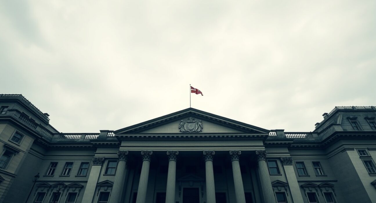 GBP analysis: Bank of England building under cloudy sky, representing BoE hawkish hold risk and UK economic data scrutiny.