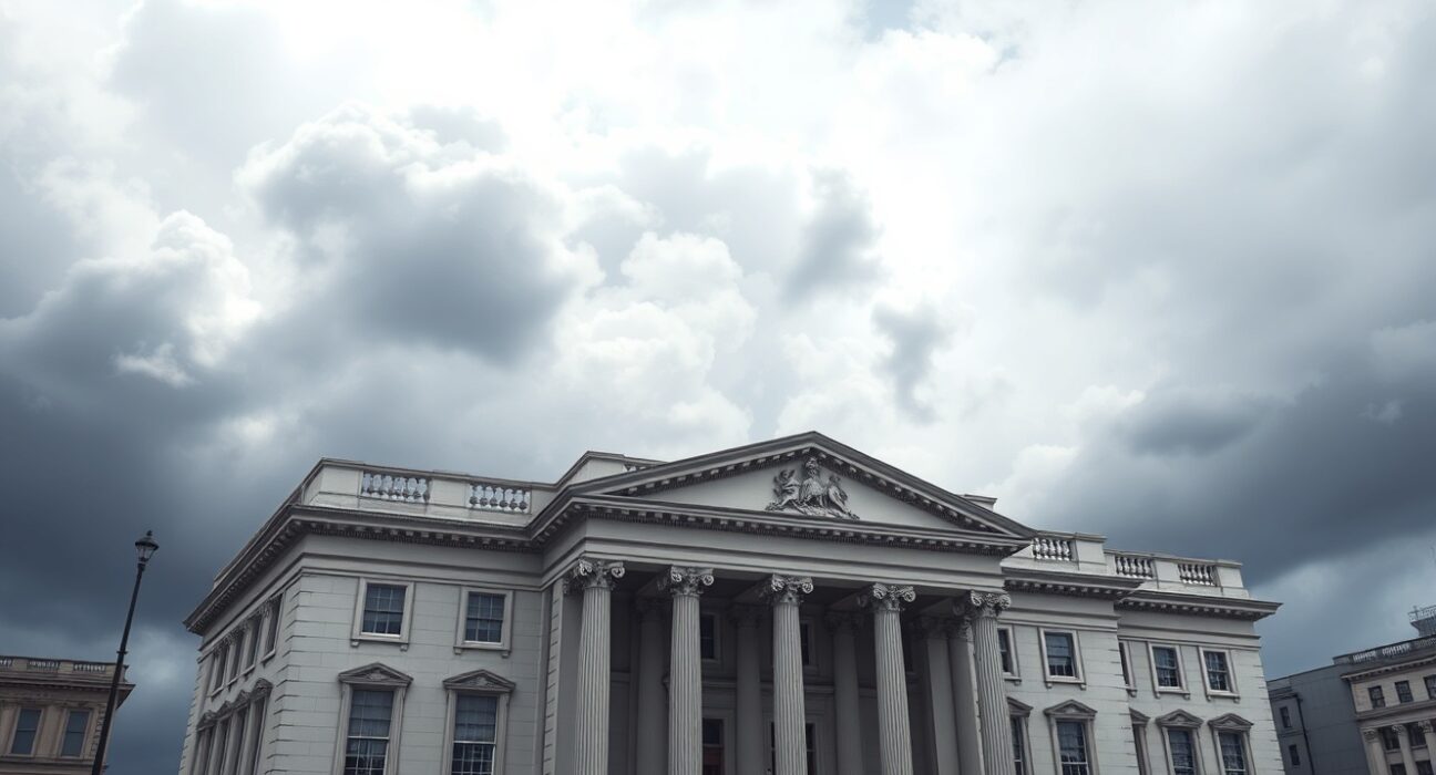 Bank of England building in London under cloudy sky, representing GBP outlook amid energy shock and rate hold decision