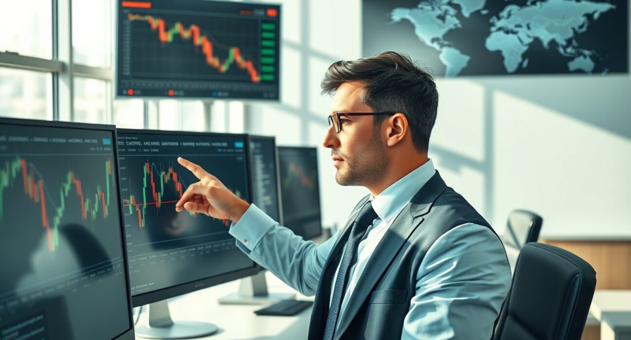 Financial analyst examining GBP/USD currency charts showing downside risks amid geopolitical conflicts