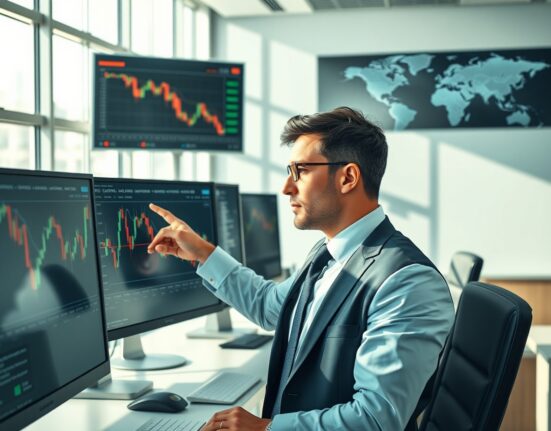 Financial analyst examining GBP/USD currency charts showing downside risks amid geopolitical conflicts