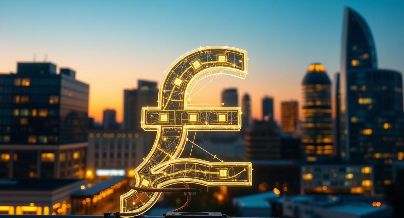 British Pound symbol with energy infrastructure representing vulnerability threatening currency resilience in UK markets.