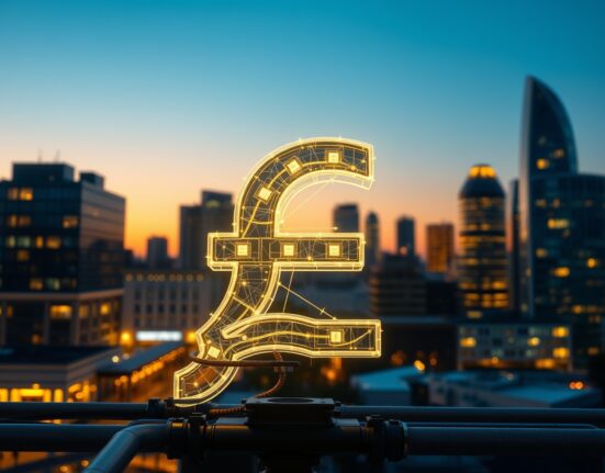 British Pound symbol with energy infrastructure representing vulnerability threatening currency resilience in UK markets.