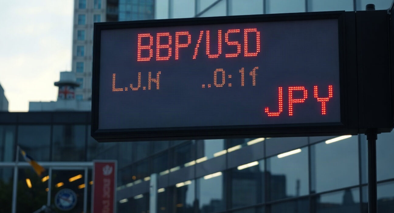 Digital currency exchange board showing GBP/USD and JPY rates in a financial district.