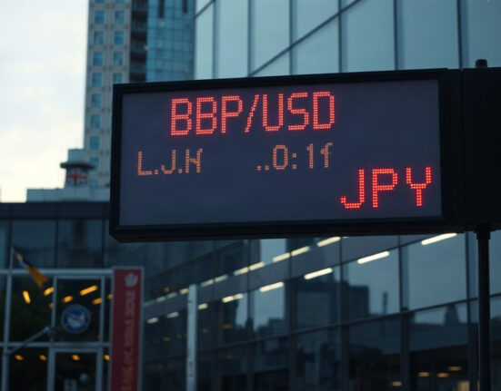 Digital currency exchange board showing GBP/USD and JPY rates in a financial district.